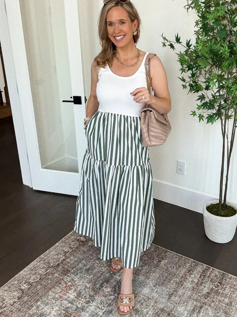 J.Crew Factory Striped Tiered Midi Dress Green White XL